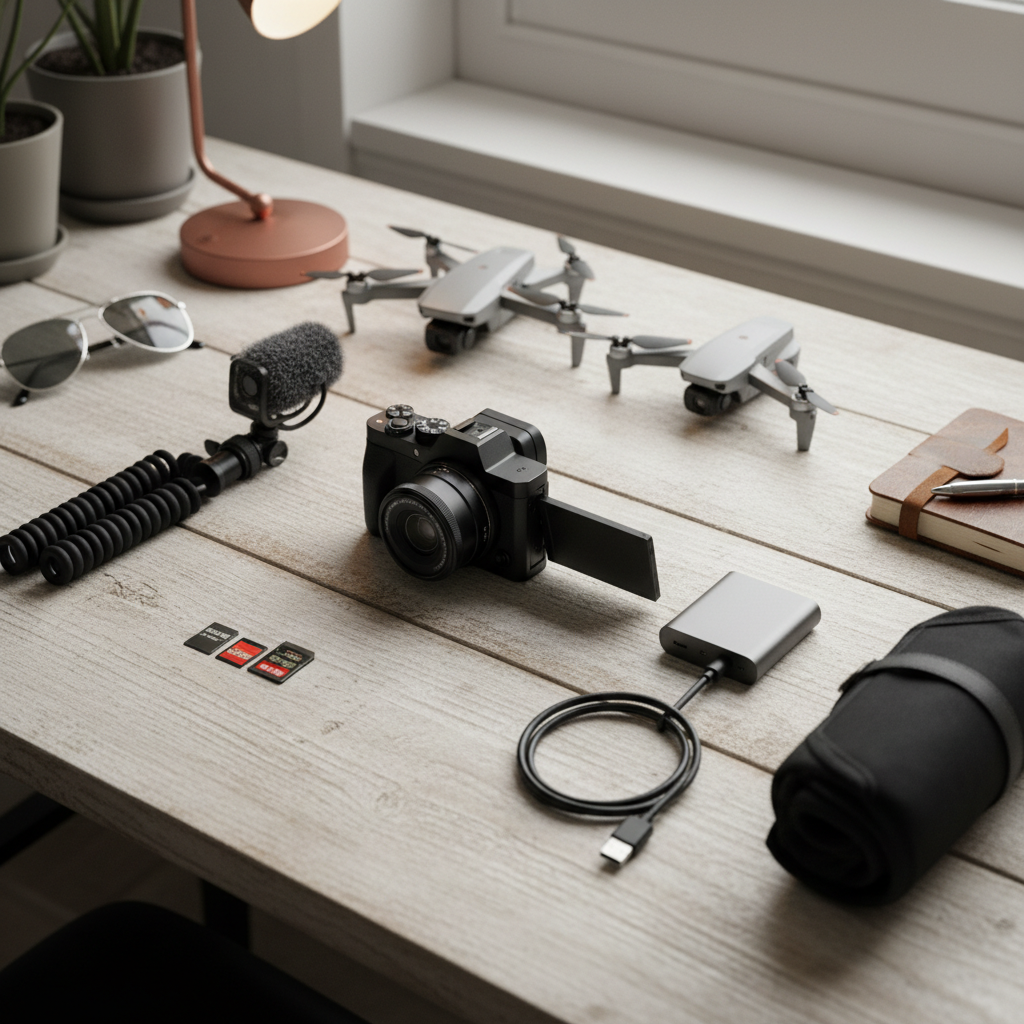 5K vlog camera flat lay on wooden desk with accessories