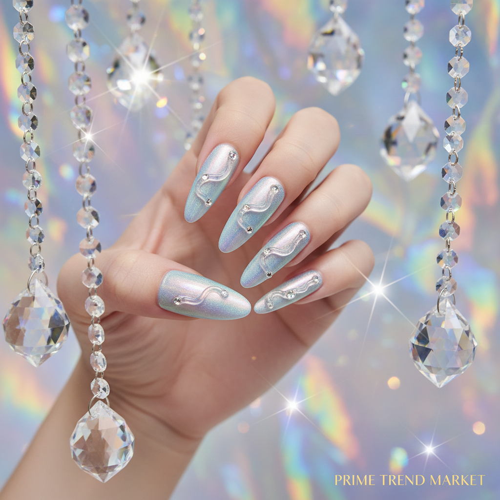 Aurora Powder Press-On Nails – 24 PCS Long Water Pipe Shape | Iridescent Holographic Shimmer — Prime Trend Market