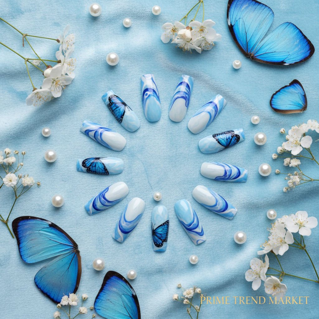 Blue Butterfly Nail Art Press-On Nails – 24 PCS Long Square Head Shape | Nature-Inspired Design — Prime Trend Market
