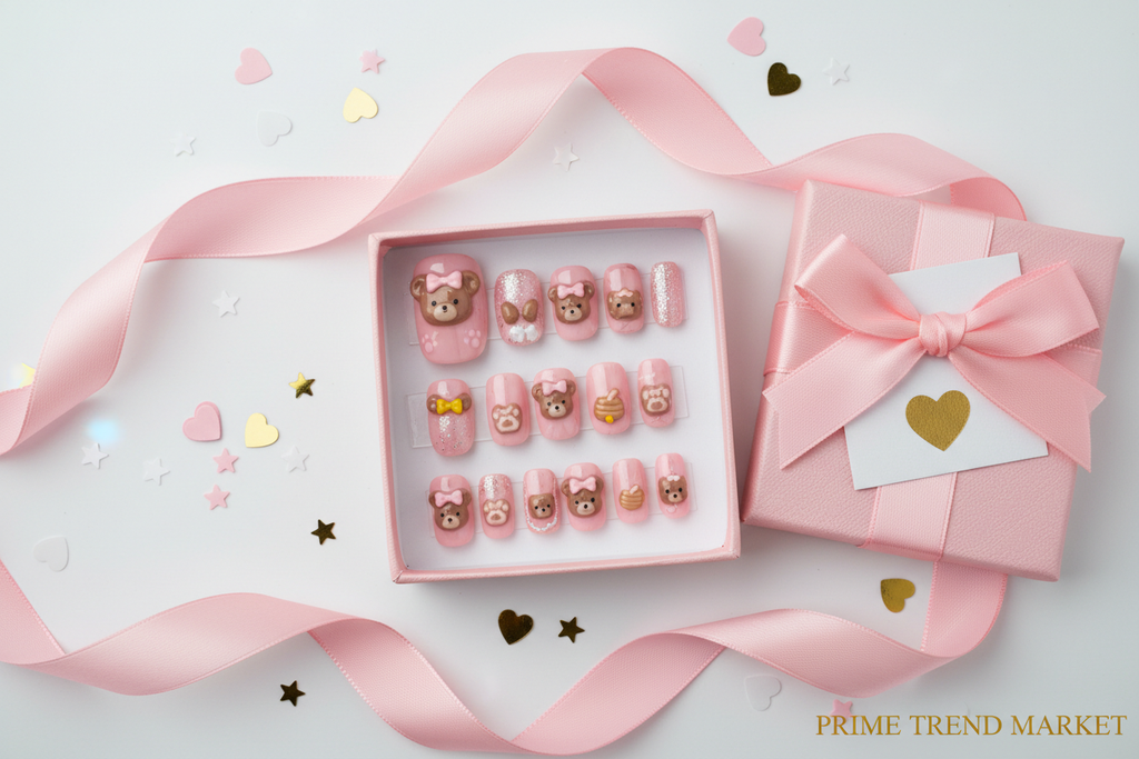 Bear Bow-Knot Press On Nails — 24 PCS Long Square Kawaii Fake Nails | Y2K Nail Art — Prime Trend Market