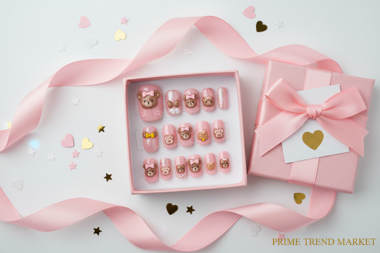 Bear Bow-Knot Press On Nails — 24 PCS Long Square Kawaii Fake Nails | Y2K Nail Art — Prime Trend Market