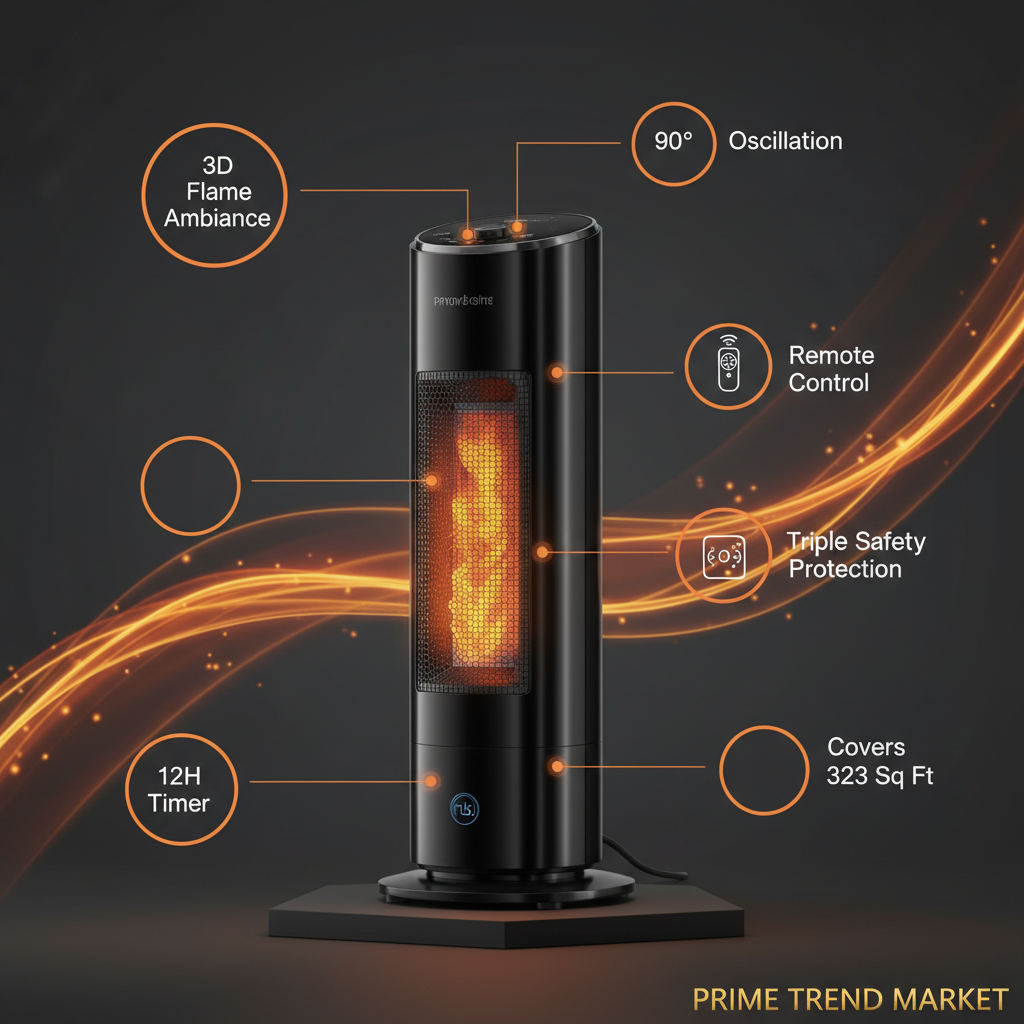 1500W Ceramic Tower Space Heater — 3D Flame Effect, 90° Oscillating, Remote Control & 12H Timer — Prime Trend Market