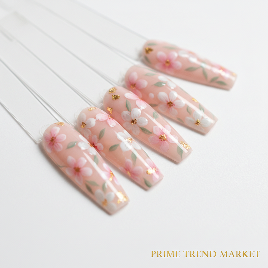 Flat Flower Press-On Nails – 24 PCS Long Square | Floral Nail Art for Everyday & Bridal Glam — Prime Trend Market