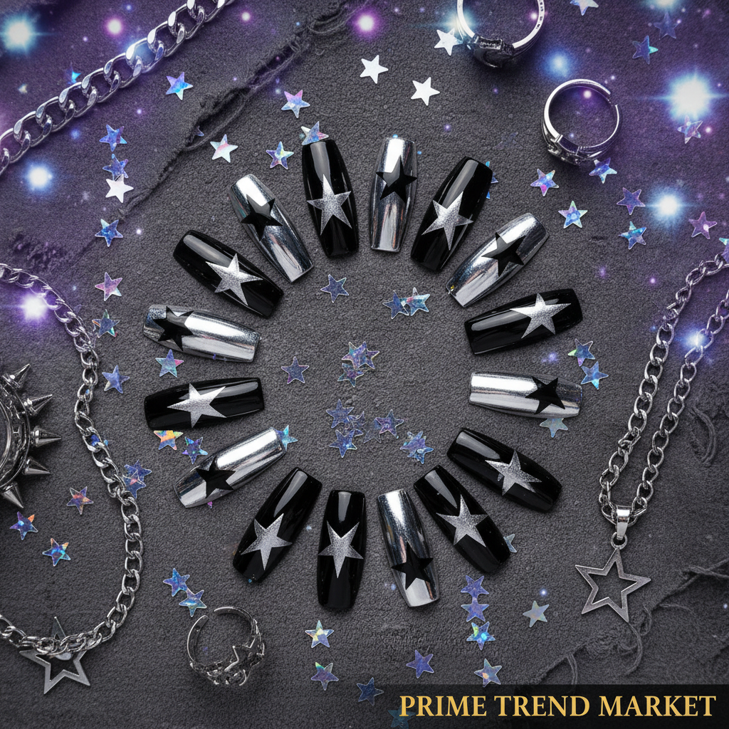 Black Silver Star Press-On Nails – 24 PCS Long Square Head Shape | Edgy Y2K Alt-Girl Design — Prime Trend Market