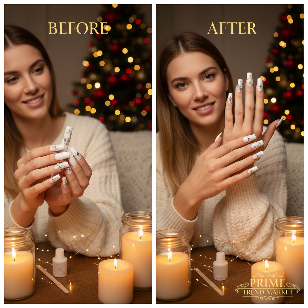 Diamond Deer Snowflake Press-On Nails – 24 PCS Long Square | Holiday Nail Art with Crystal Rhinestones — Prime Trend Market