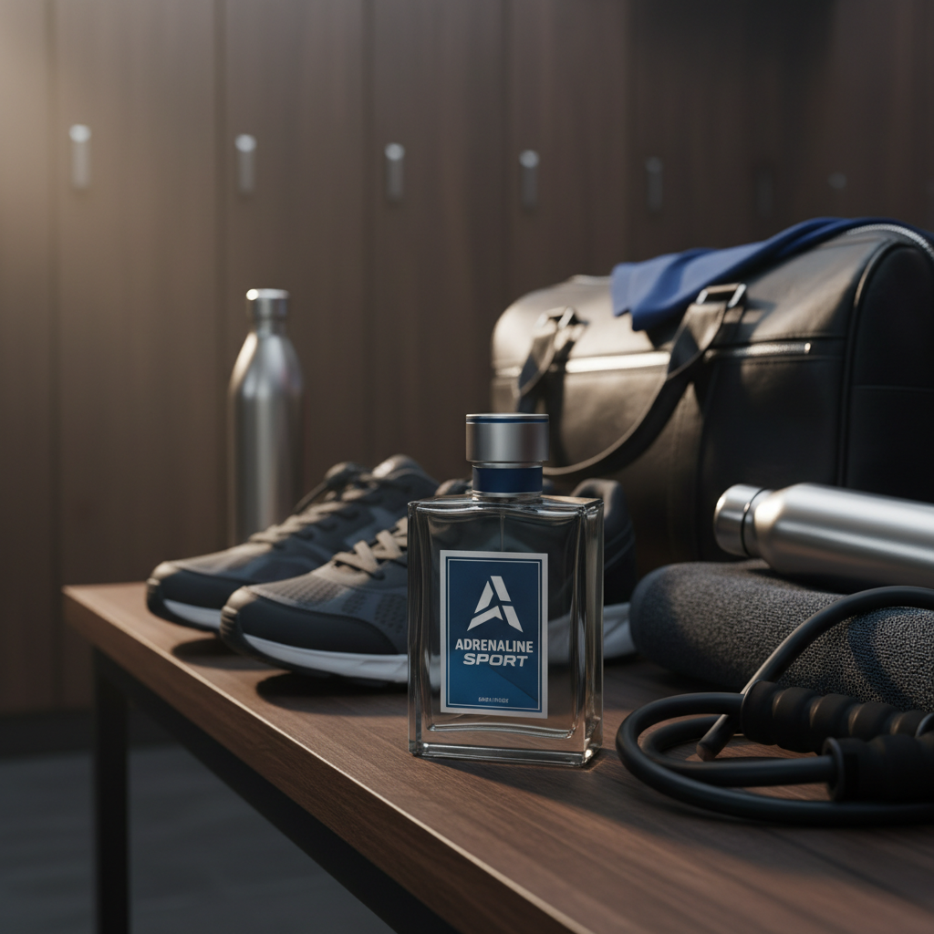 Men's sport EDT cologne on locker room bench