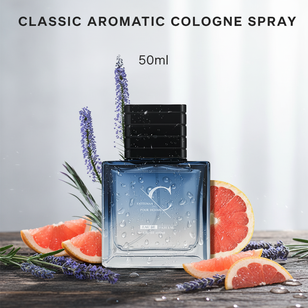 Classic Aromatic Cologne Spray 50ml with lavender sprigs and grapefruit slices on rustic wood, natural light