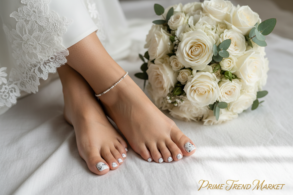 White Floral Press On Toenails — 24 PCS French Tip Short Square | Glue-On Fake Toe Nails for Women — Prime Trend Market