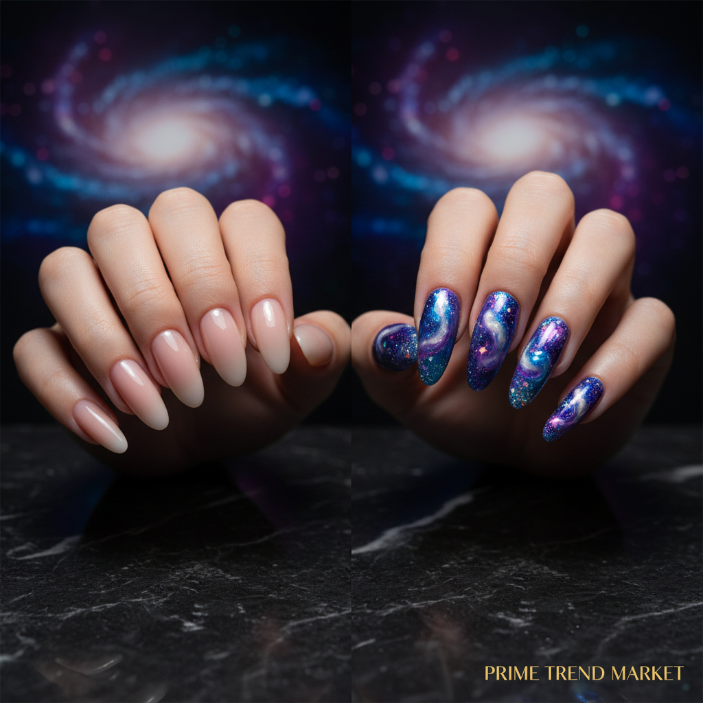 Nebula Glint Press On Nails – 3D Hand-Painted UV Finish, Luxury Custom Reusable PMMA — Prime Trend Market