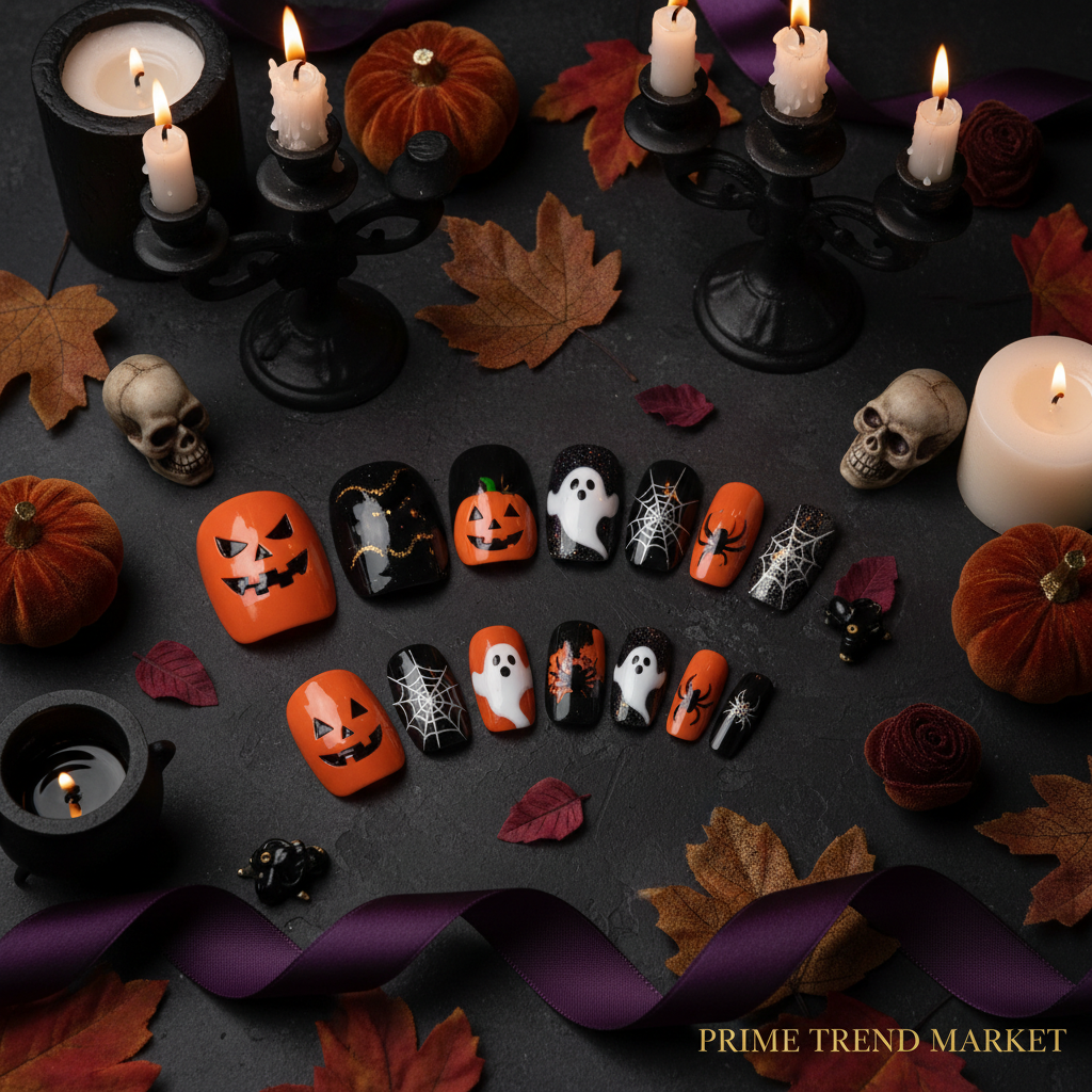 Halloween Press-On Nails – 24 PCS Pumpkin Bat Ghost Spider | Almond Ballerina, Reusable Acrylic — Prime Trend Market