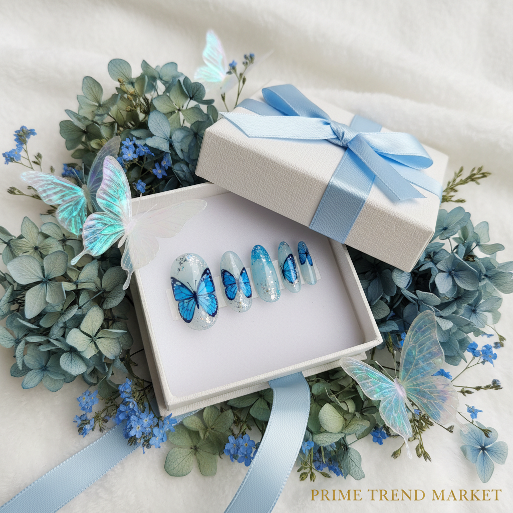 Blue Butterfly Nail Art Press-On Nails – 24 PCS Long Square Head Shape | Nature-Inspired Design — Prime Trend Market