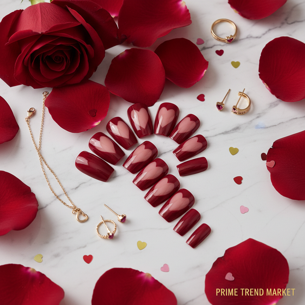 24 PCS Press On Nails – Wine Red Heart French Tip, Medium Square, Gel Acrylic — Prime Trend Market