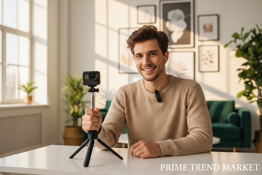 Luxury Content Creator Bundle | Selfie Stick Tripod + Wireless Clip-On Mic + Action Camera — Prime Trend Market