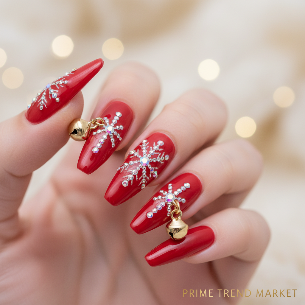 Red Snowflake Rhinestone Press-On Nails — Long PMMA Acrylic, Reusable, 2 Sizes — Prime Trend Market