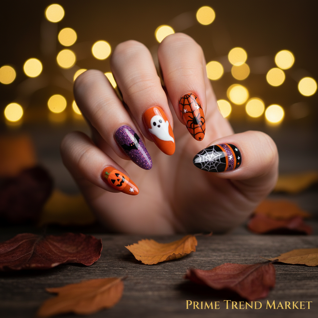 Halloween Press-On Nails – 24 PCS Pumpkin Bat Ghost Spider | Almond Ballerina, Reusable Acrylic — Prime Trend Market