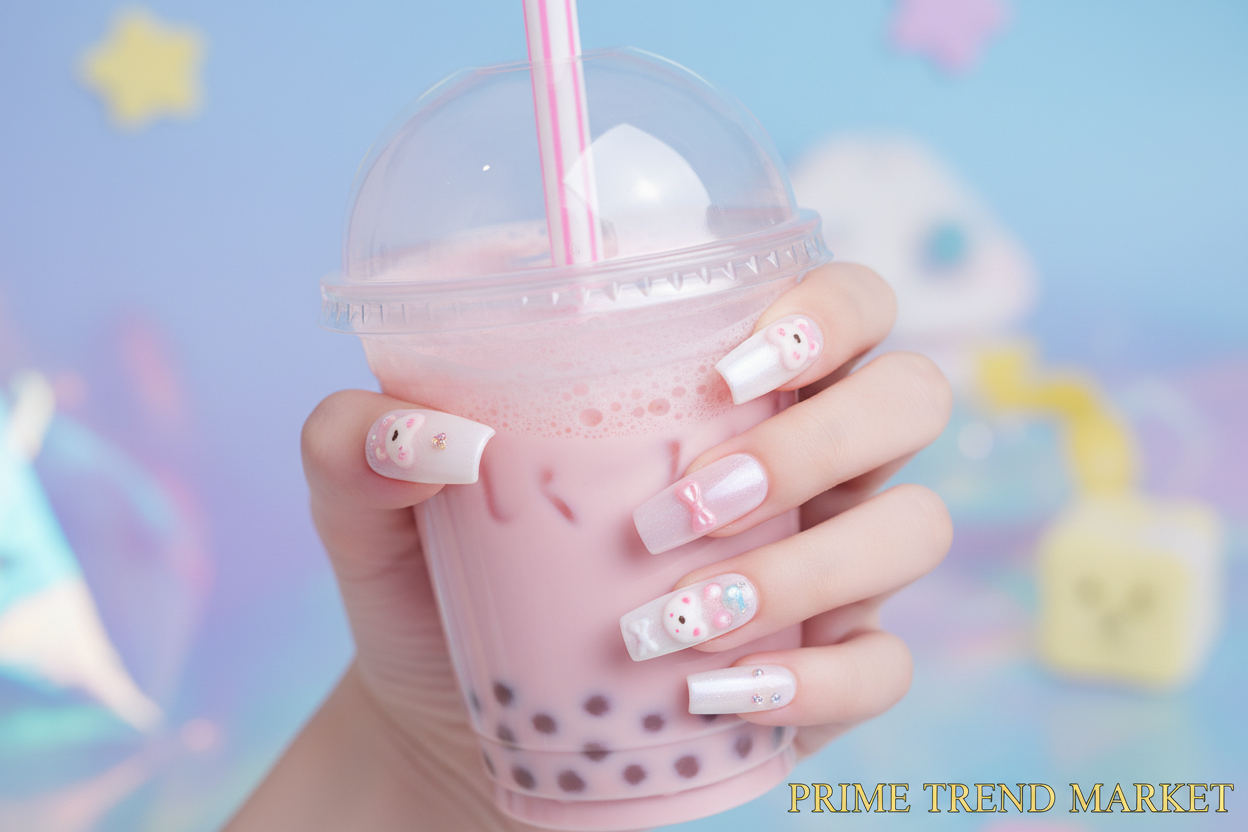 Bear Bow-Knot Press On Nails — 24 PCS Long Square Kawaii Fake Nails | Y2K Nail Art — Prime Trend Market