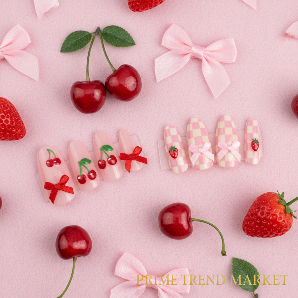 Y2K Glam Press-On Duo — Cherry Bow + Strawberry Bow Press-On Nails Set — Prime Trend Market