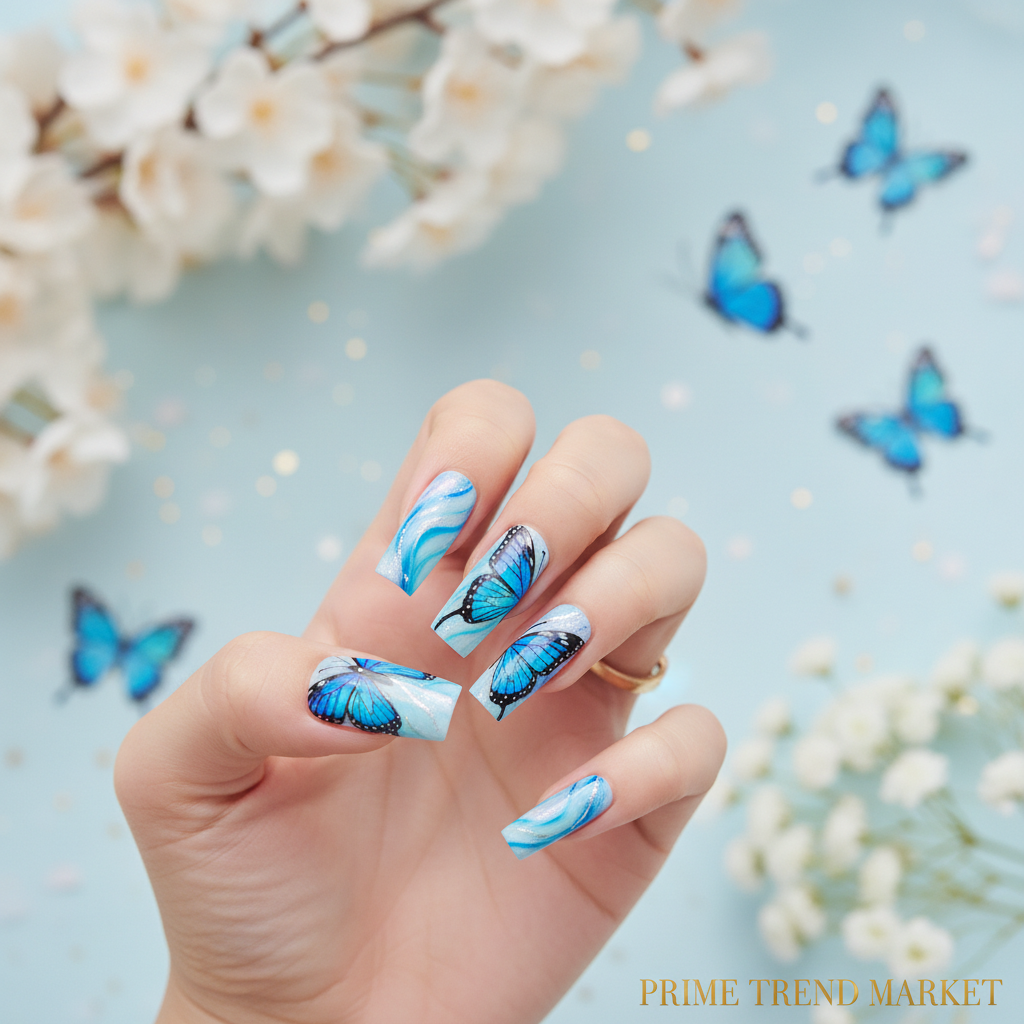Blue Butterfly Nail Art Press-On Nails – 24 PCS Long Square Head Shape | Nature-Inspired Design — Prime Trend Market