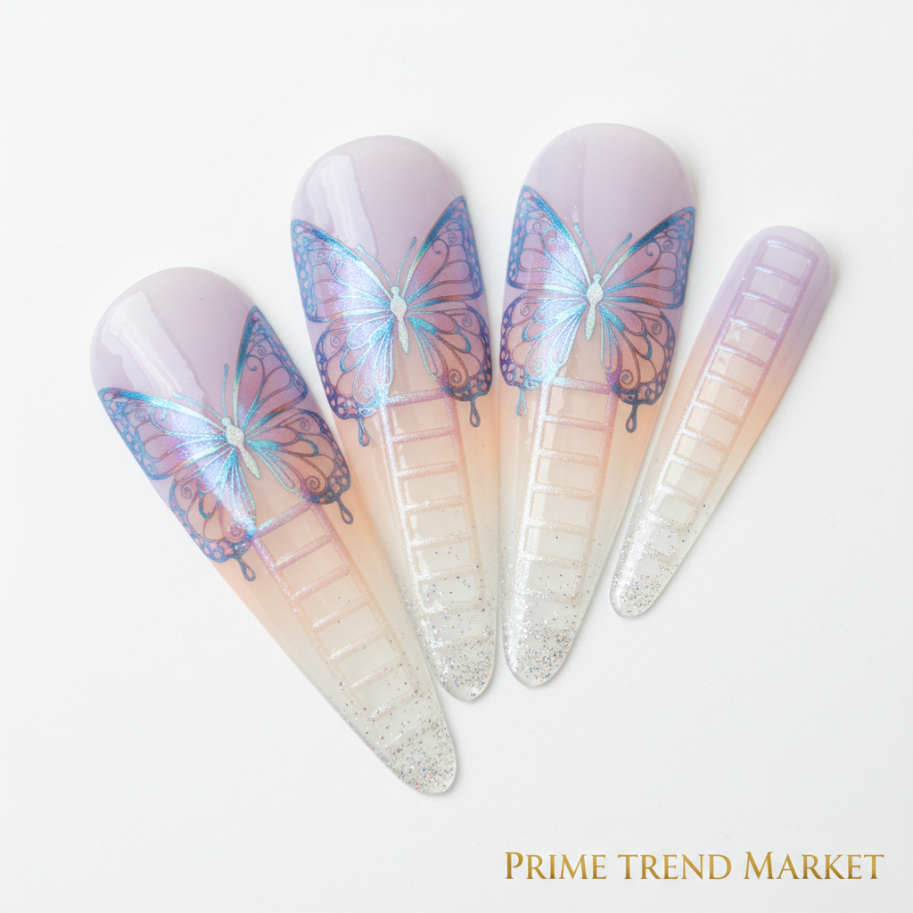 Handmade UV Butterfly Nail Patches — Long Ladder Press-On Nails XS-L — Prime Trend Market
