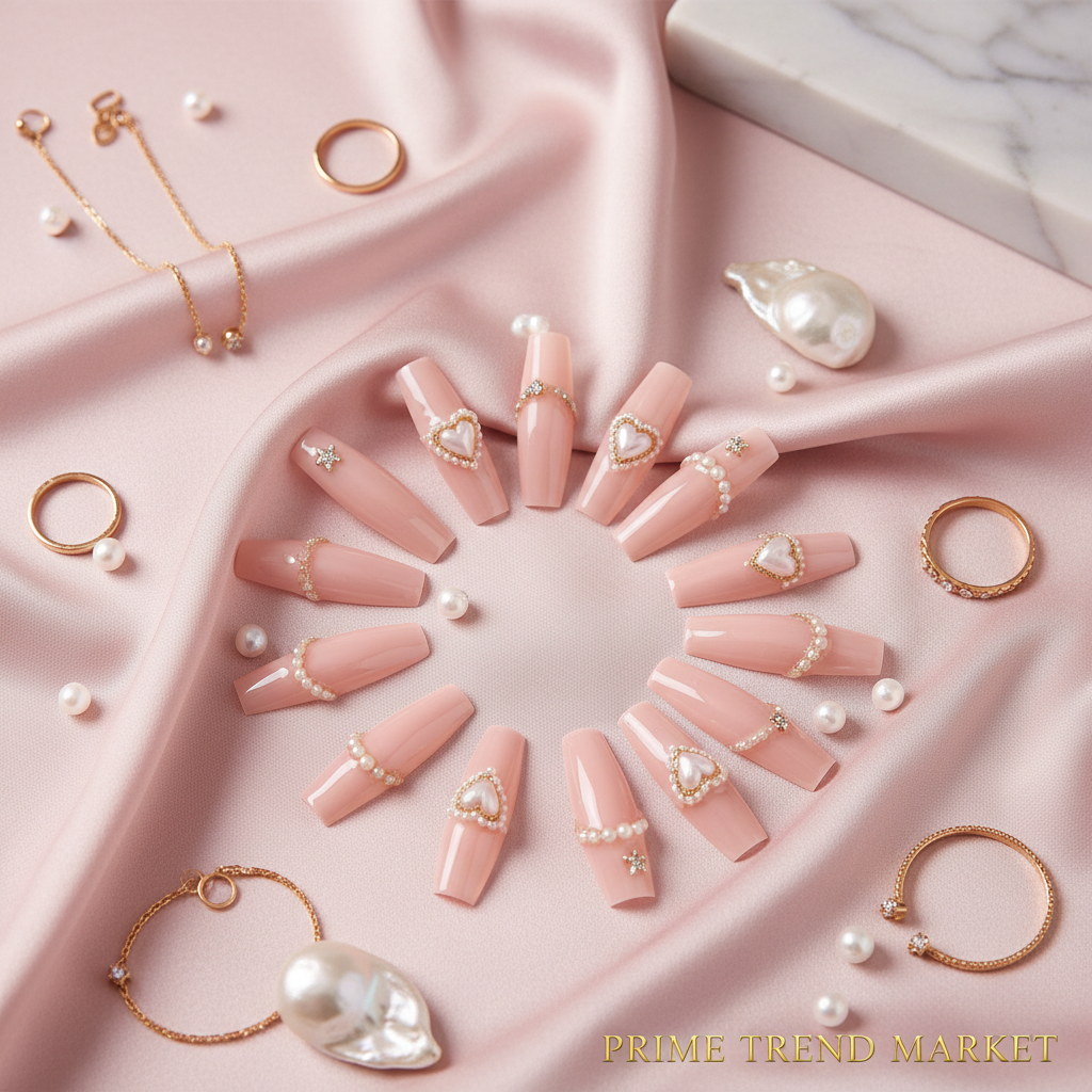 24 PCS Pearl Love Star Press-On Nails — Long Square Fake Nails with Pearl & Star Nail Art — Prime Trend Market