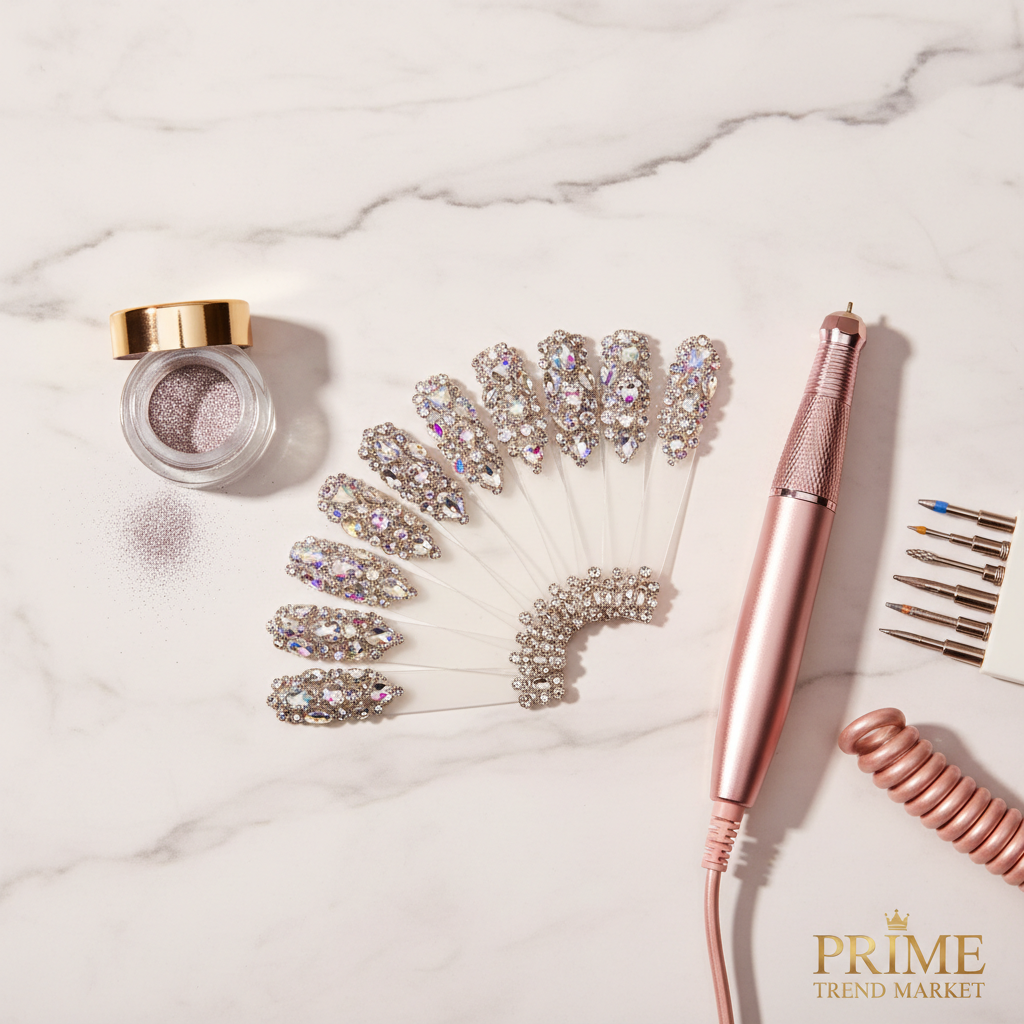 Nail Art Pro Set — Rhinestone Press-On Nails + Crystal Diamond Powder + Electric Nail Drill — Prime Trend Market