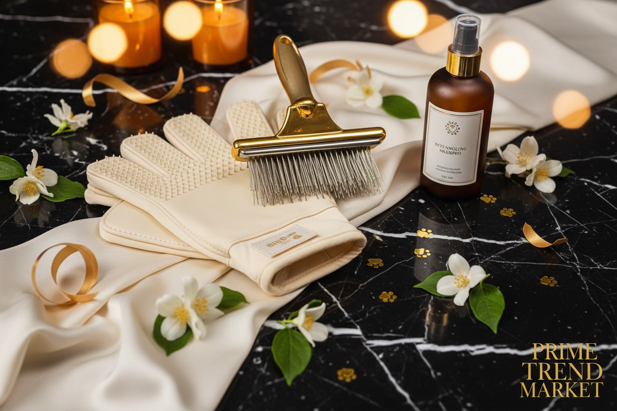 Pet Grooming Starter Bundle | Grooming Gloves + Self-Cleaning Slicker Brush + Detangling Shampoo