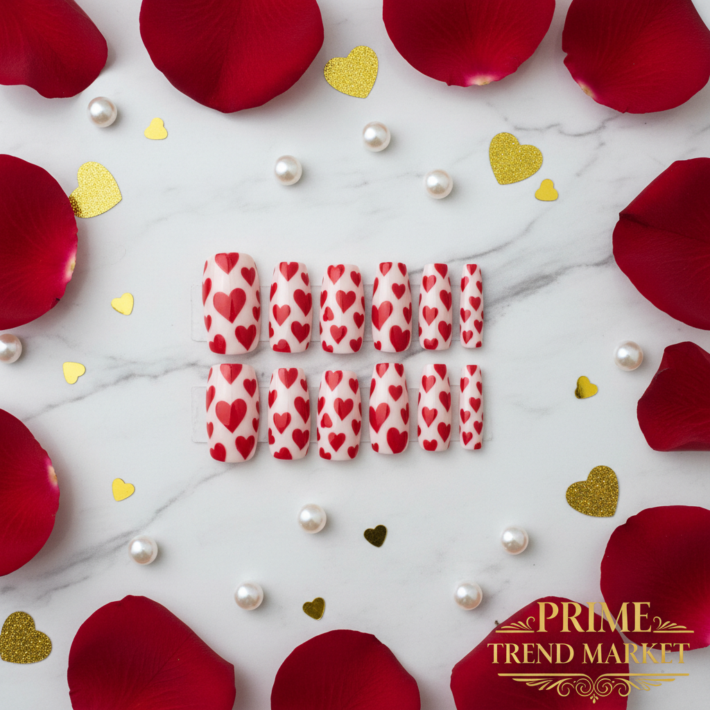 Red & White Heart Press-On Nails – 24 PCS Long Square Head | Valentine's Day Romantic Nail Art — Prime Trend Market