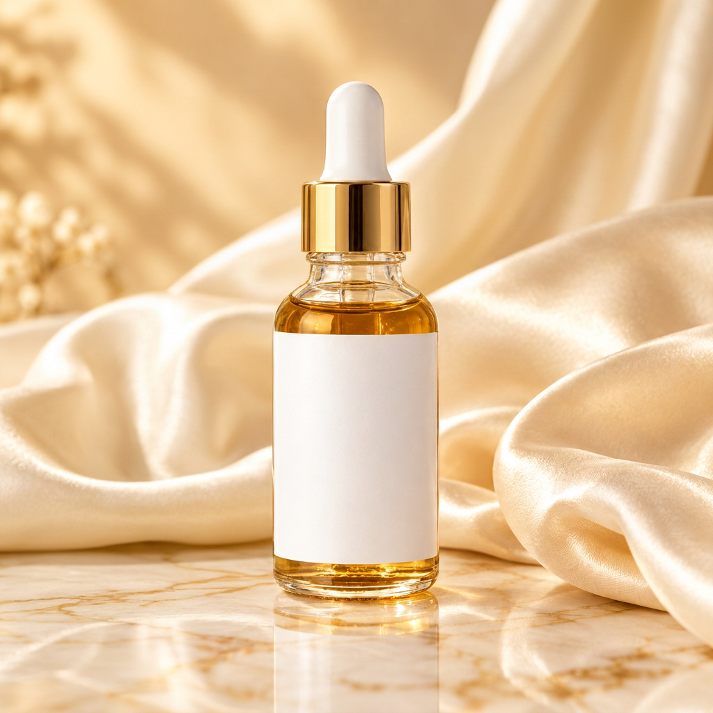 Turmeric serum in a glass dropper bottle with gold collar and white bulb