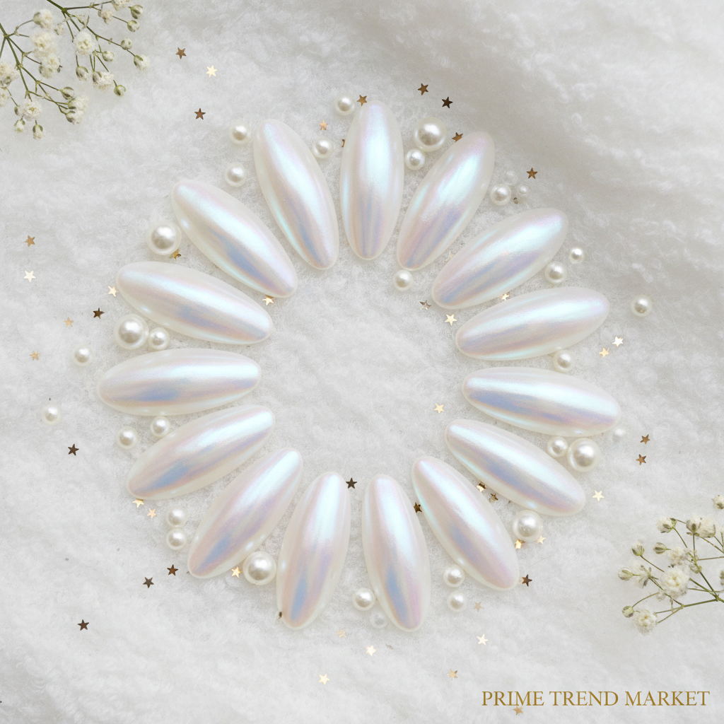 Aurora White Press-On Nails – 24 PCS Long Water Pipe Shape | Pearlescent Bridal Finish — Prime Trend Market