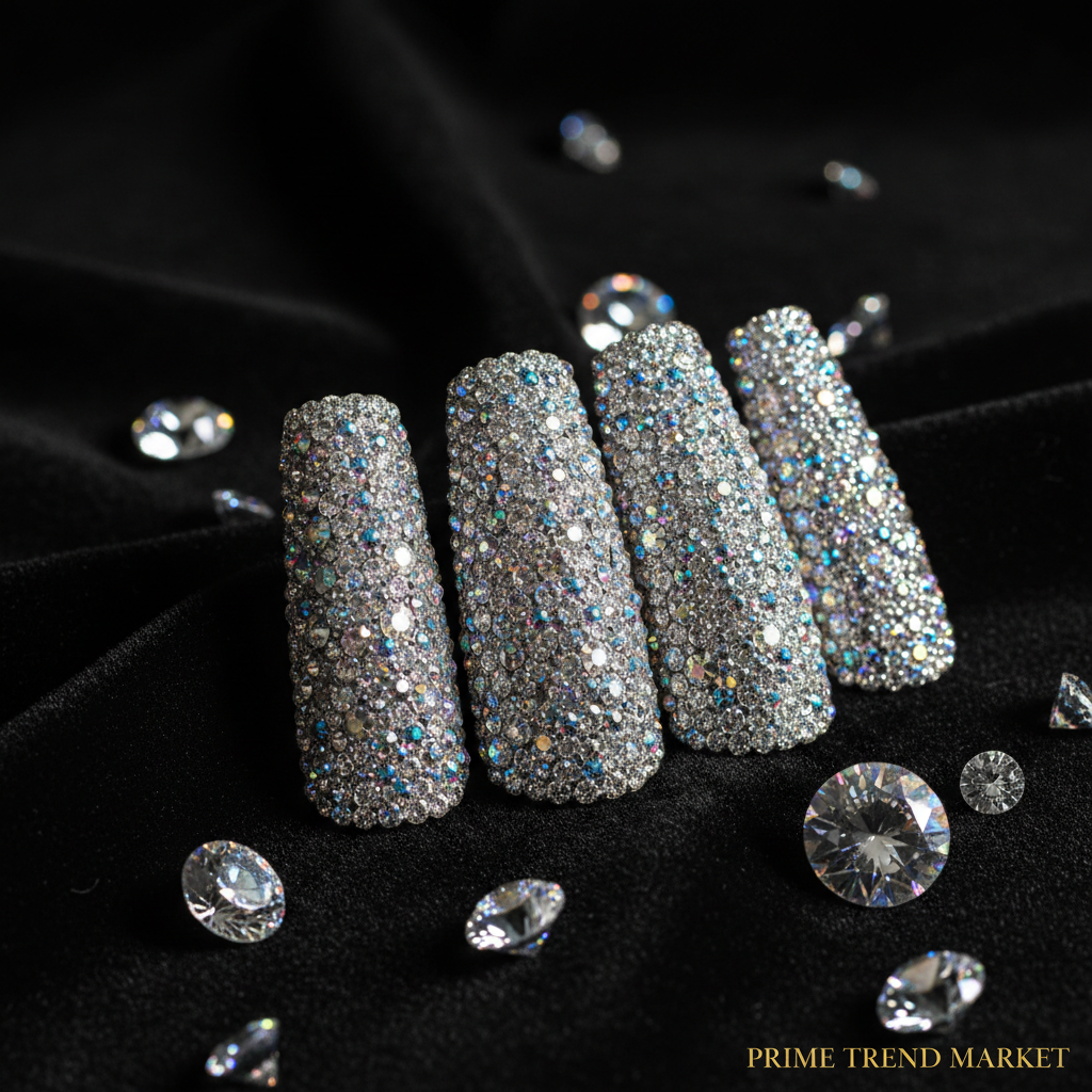 Full Diamond Duck Press-On Nails – 3D Crystal Aurora Edge | Handmade PMMA Acrylic, Gift Box — Prime Trend Market