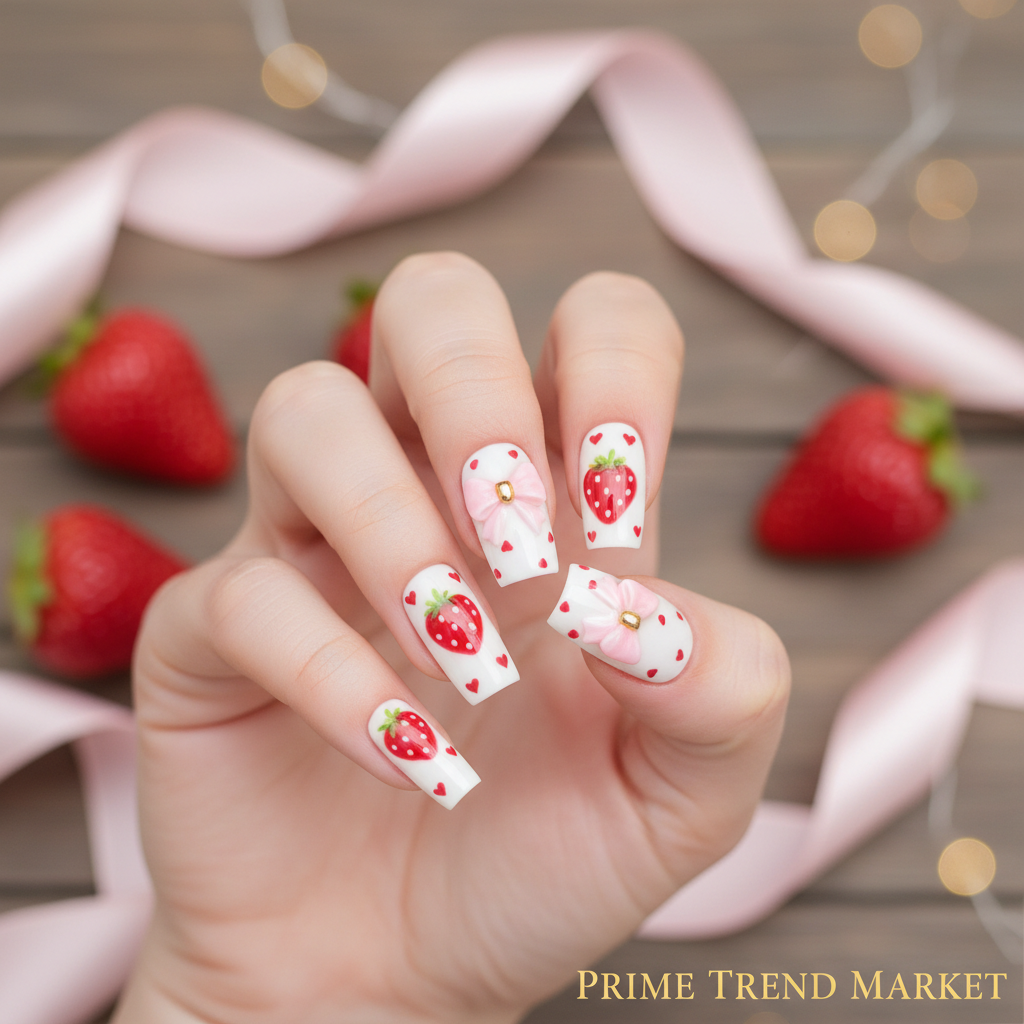 Strawberry Bow Press-On Nails – 24 PCS Long Square Head Shape | Cottagecore Y2K Design — Prime Trend Market