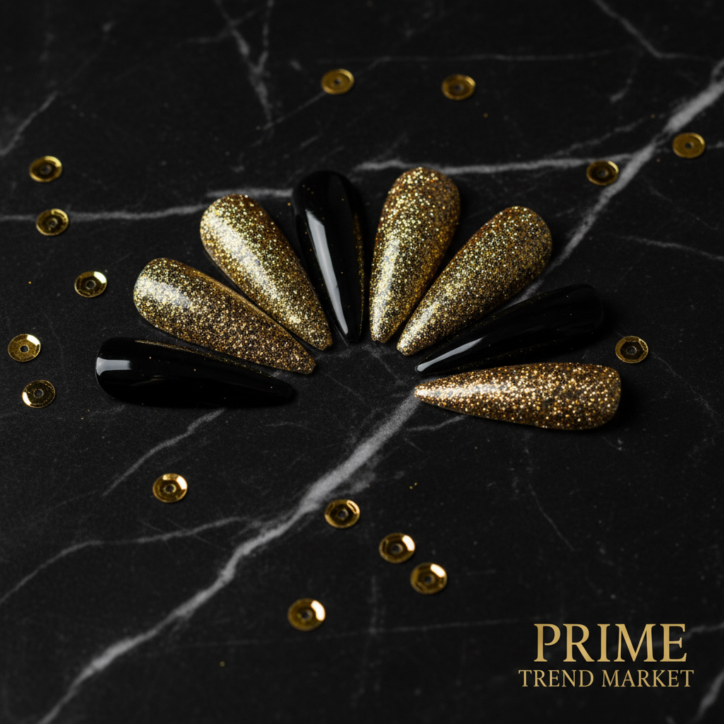 Black Gold Glitter Pointed Press-On Nails — Luxury Stiletto Fake Nails | 24pcs — Prime Trend Market