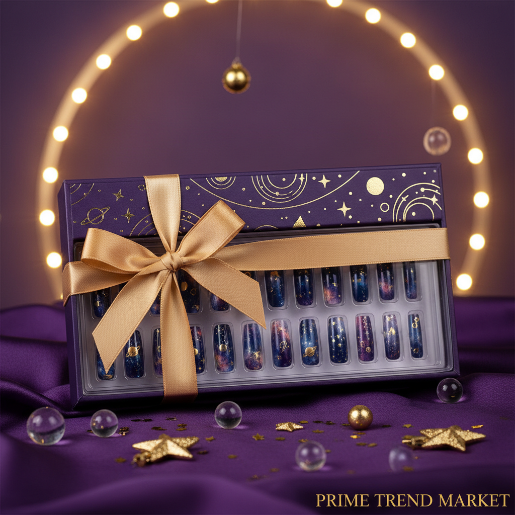 Planet Diamond Star Press-On Nails – 24 PCS Long Square | Celestial Galaxy Nail Art with Rhinestones — Prime Trend Market