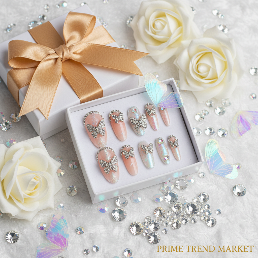 Diamond Butterfly Press-On Nails – 24 PCS Long Square Head Shape | Rhinestone Crystal Glam — Prime Trend Market
