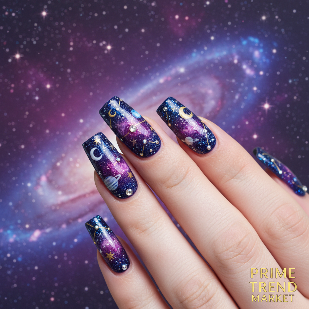 Planet Diamond Star Press-On Nails – 24 PCS Long Square | Celestial Galaxy Nail Art with Rhinestones — Prime Trend Market