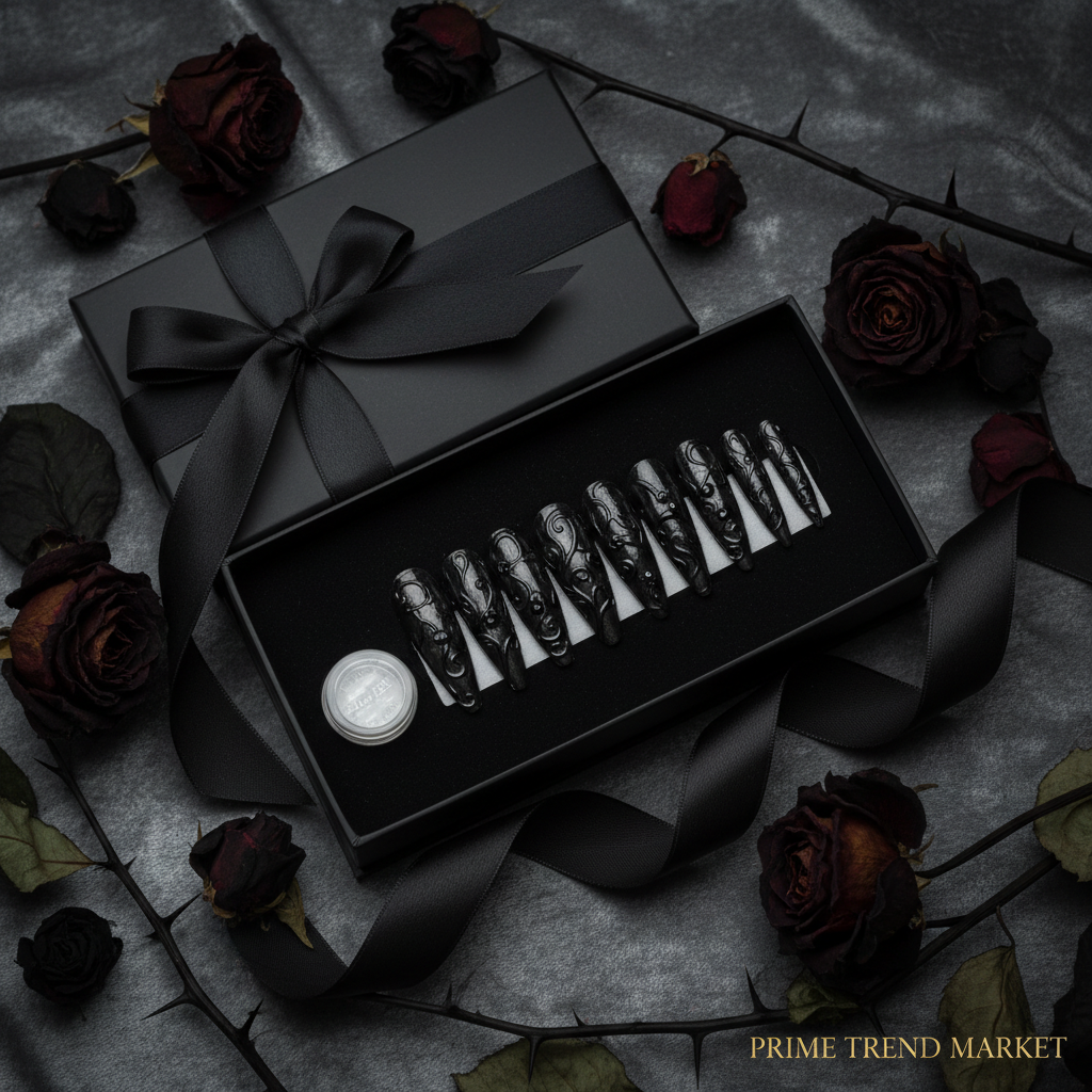Dark Vine Black Press-On Nails — Gothic Wearable Fake Nails | Jelly Glue Included — Prime Trend Market