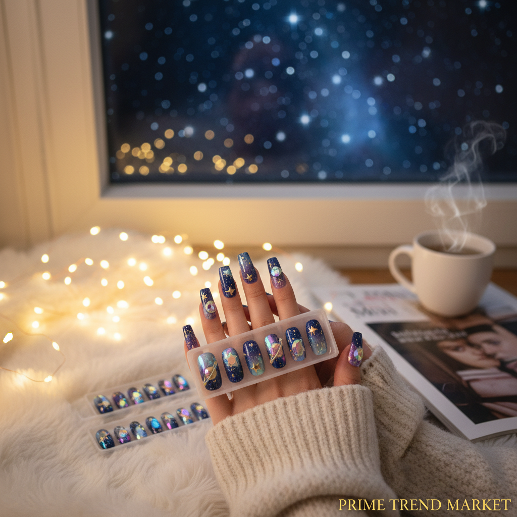 Planet Diamond Star Press-On Nails – 24 PCS Long Square | Celestial Galaxy Nail Art with Rhinestones — Prime Trend Market