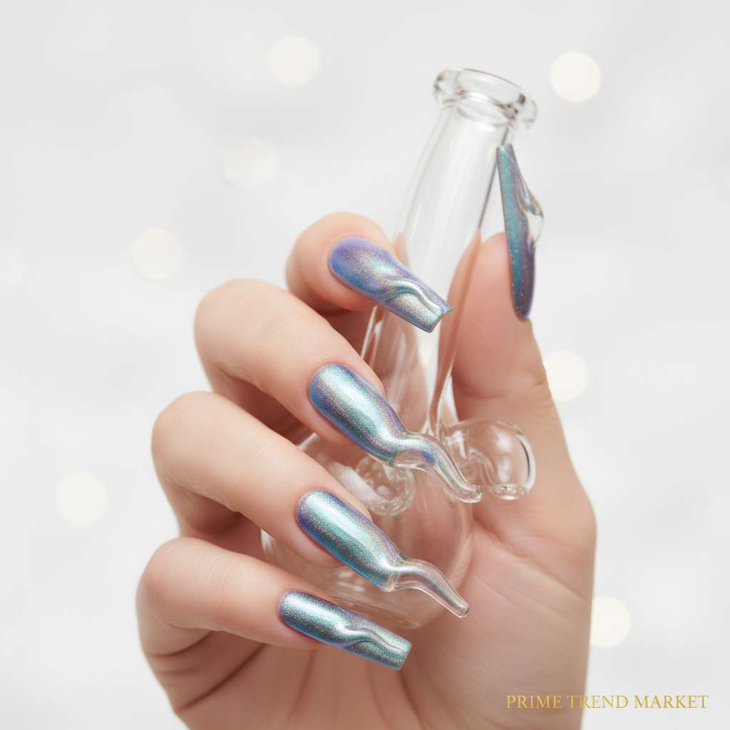 Aurora Powder Press-On Nails – 24 PCS Long Water Pipe Shape | Iridescent Holographic Shimmer — Prime Trend Market