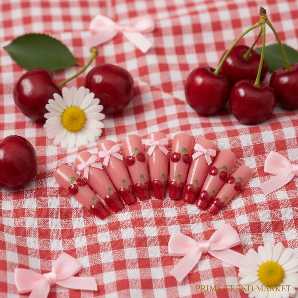 Cherry Bow Press-On Nails – 24 PCS Long Square Head Shape | Summer Y2K Fruit Design — Prime Trend Market