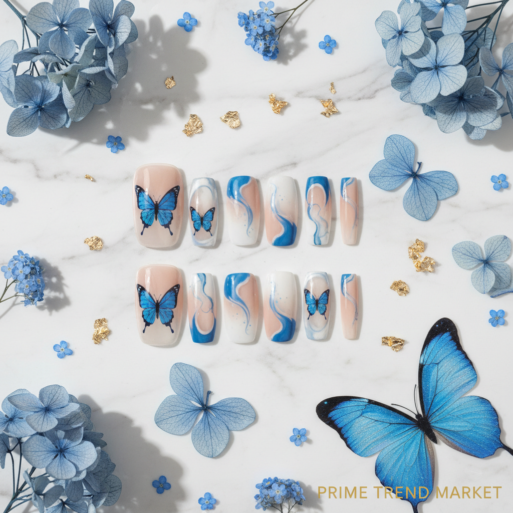 Blue Butterfly Nail Art Press-On Nails – 24 PCS Long Square Head Shape | Nature-Inspired Design — Prime Trend Market