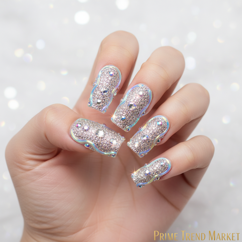 Full Diamond Duck Press-On Nails – 3D Crystal Aurora Edge | Handmade PMMA Acrylic, Gift Box — Prime Trend Market
