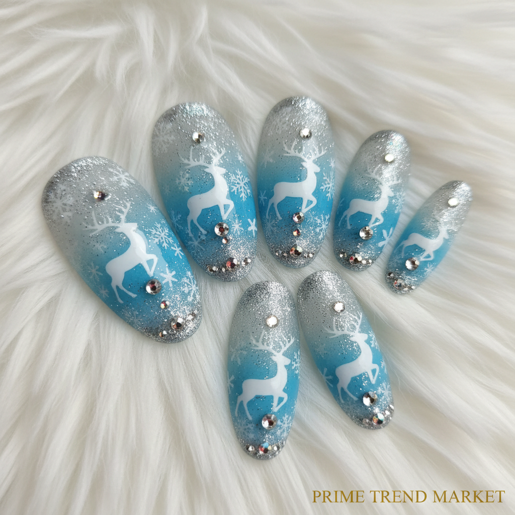 Diamond Deer Snowflake Press-On Nails – 24 PCS Long Square | Holiday Nail Art with Crystal Rhinestones — Prime Trend Market