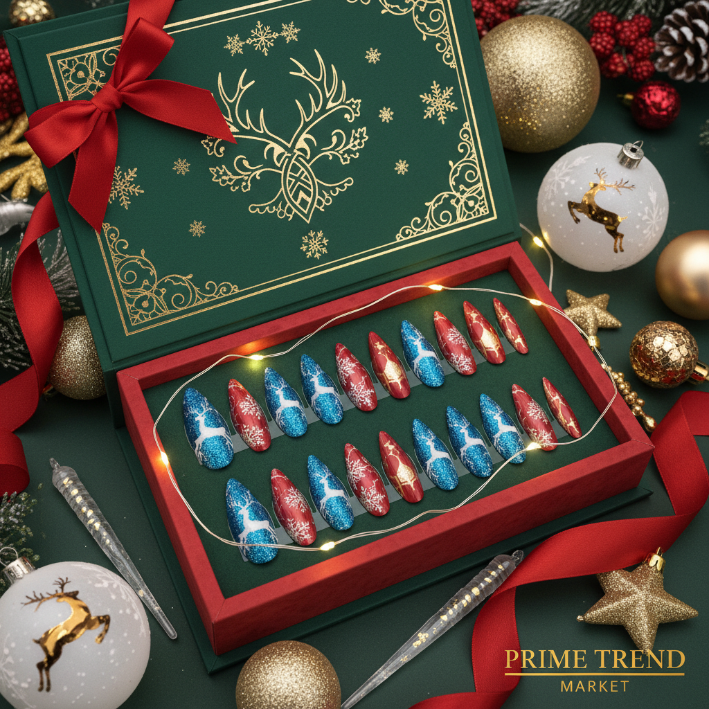 Diamond Deer Snowflake Press-On Nails – 24 PCS Long Square | Holiday Nail Art with Crystal Rhinestones — Prime Trend Market