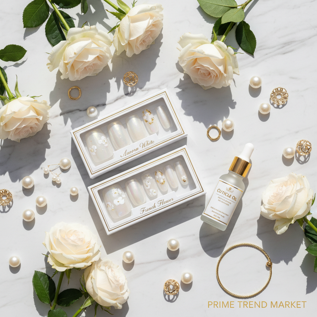 Bridal Nail Bundle — Aurora White + French Flower Press-On Nails + Cuticle Oil — Prime Trend Market