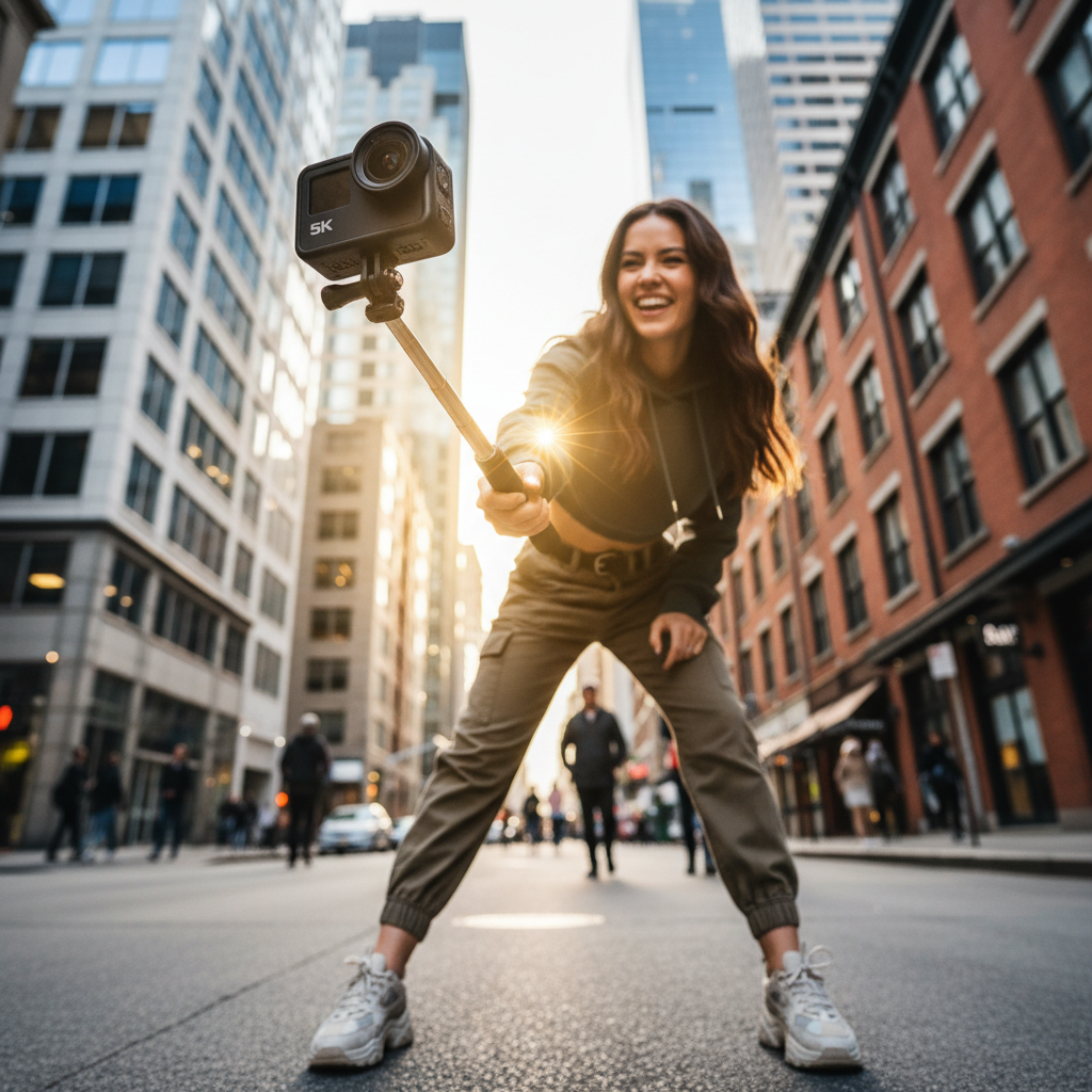 5K action cam content creator filming outdoors urban