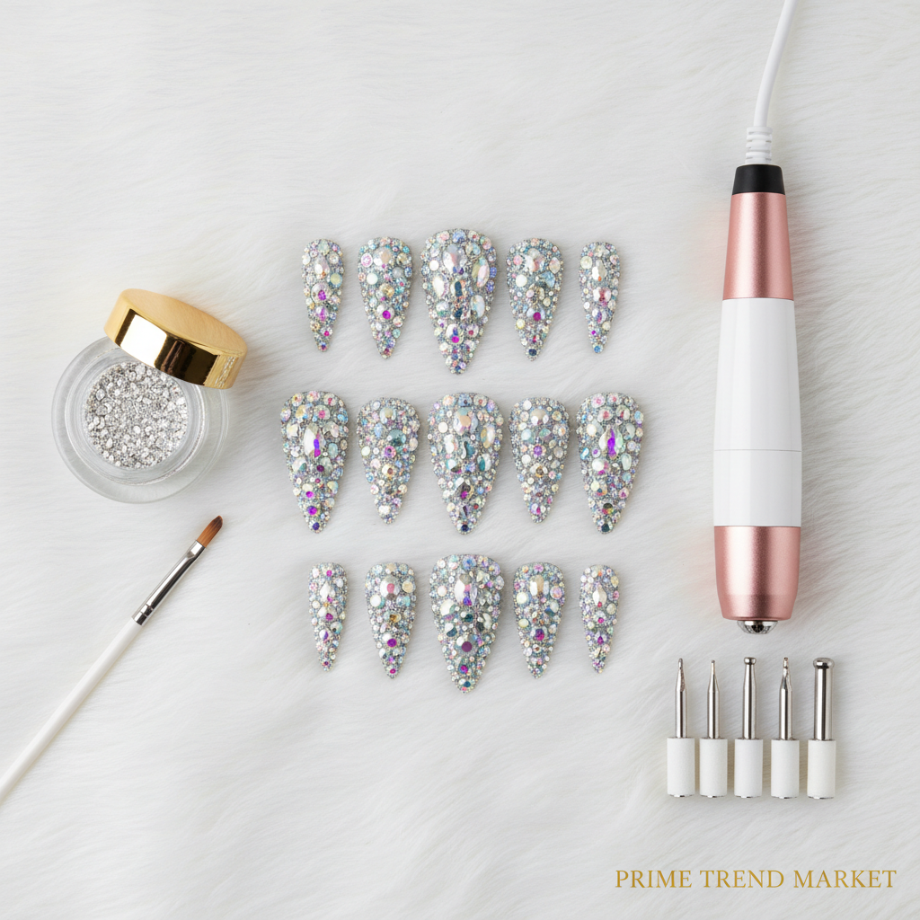 Nail Art Pro Set — Rhinestone Press-On Nails + Crystal Diamond Powder + Electric Nail Drill — Prime Trend Market