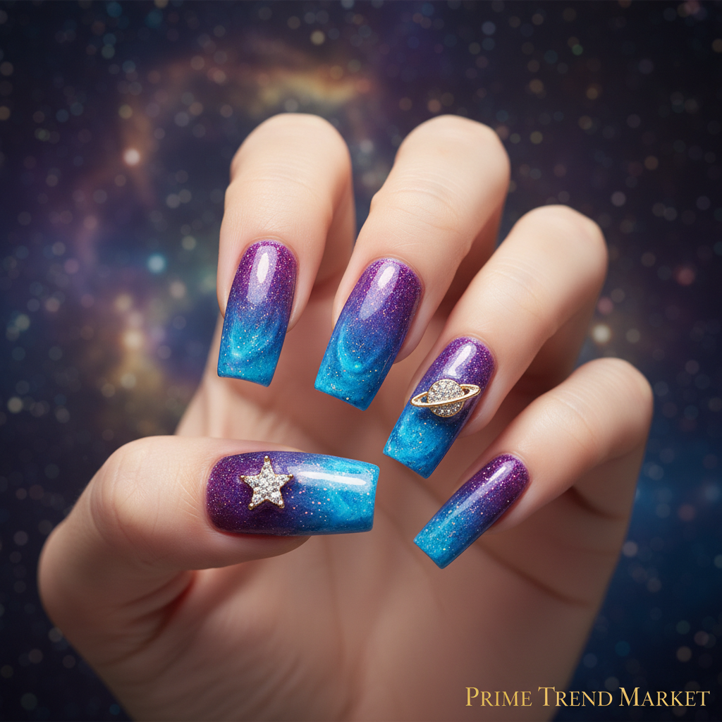 Ombre Galaxy Press-On Nails – 24 PCS Long Square | Planet & Star Diamond Charms Celestial Nail Art — Prime Trend Market