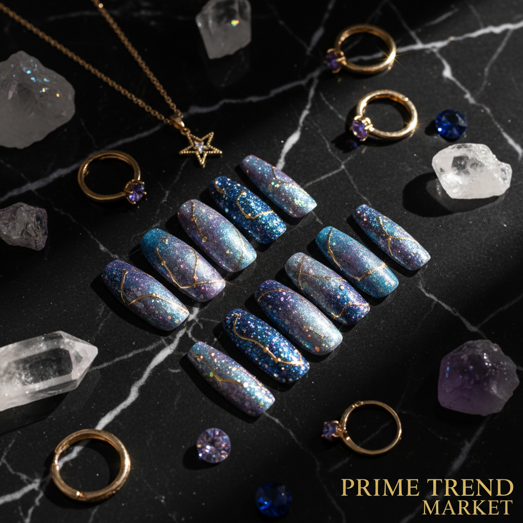 Nebula Glint Press On Nails – 3D Hand-Painted UV Finish, Luxury Custom Reusable PMMA — Prime Trend Market