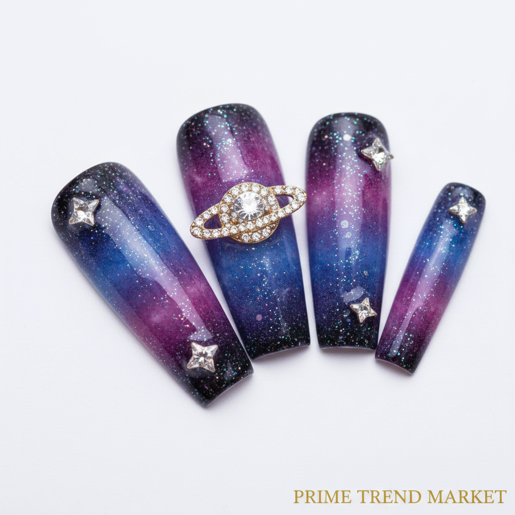 Ombre Galaxy Press-On Nails – 24 PCS Long Square | Planet & Star Diamond Charms Celestial Nail Art — Prime Trend Market
