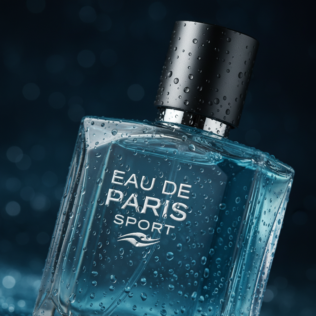 EAU DE PARIS SPORT cologne water droplets macro navy background